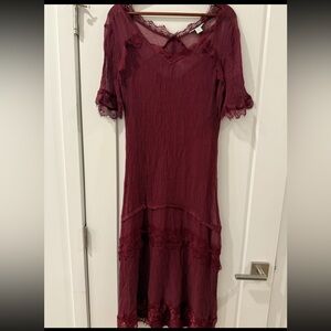 Sundance Burgandy Lace Trim Midi Dress Size 10